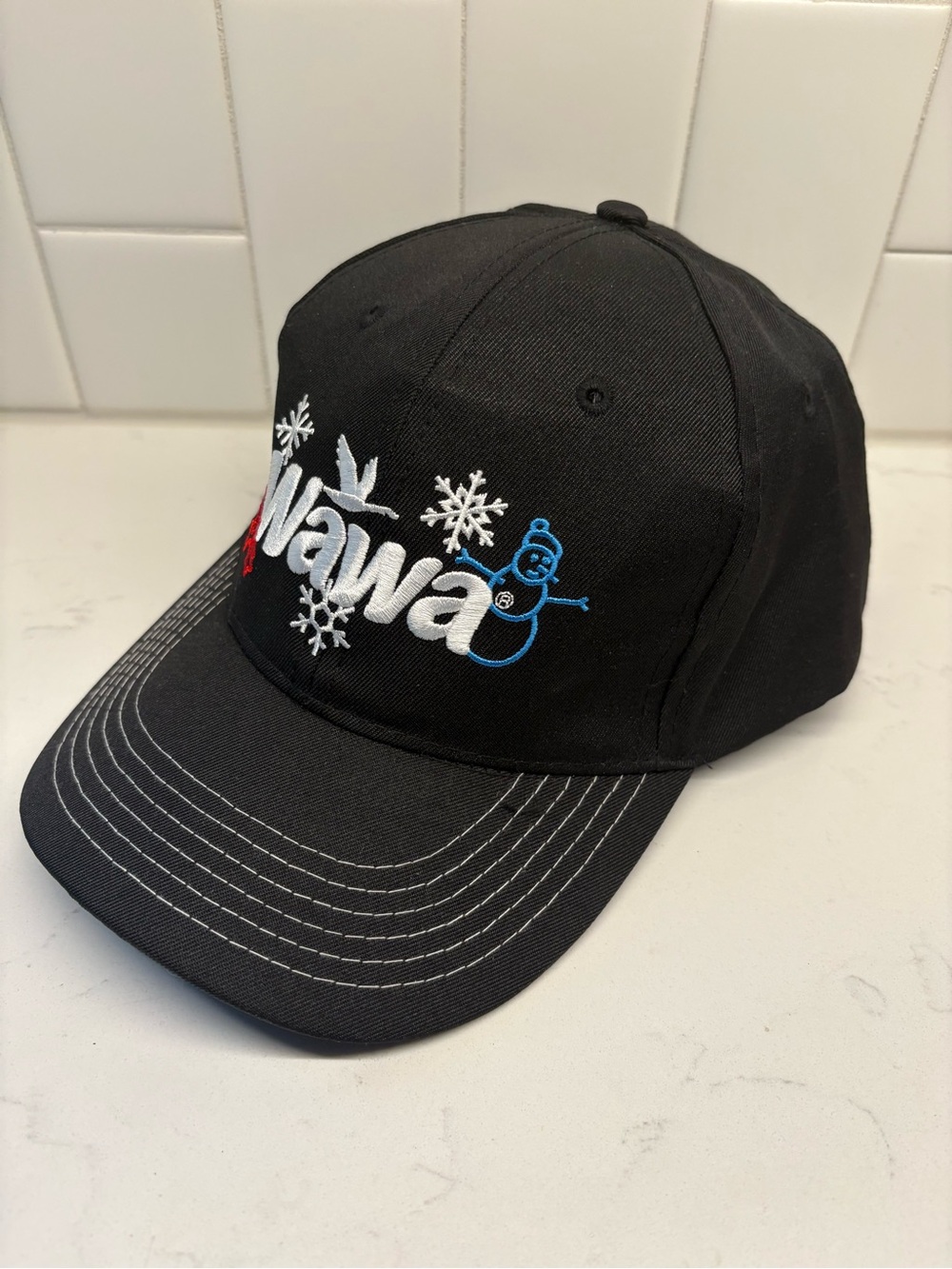 Wawa Holiday Snowman Snowflakes Black Baseball Cap Hat Adjustable One Size OSFA
